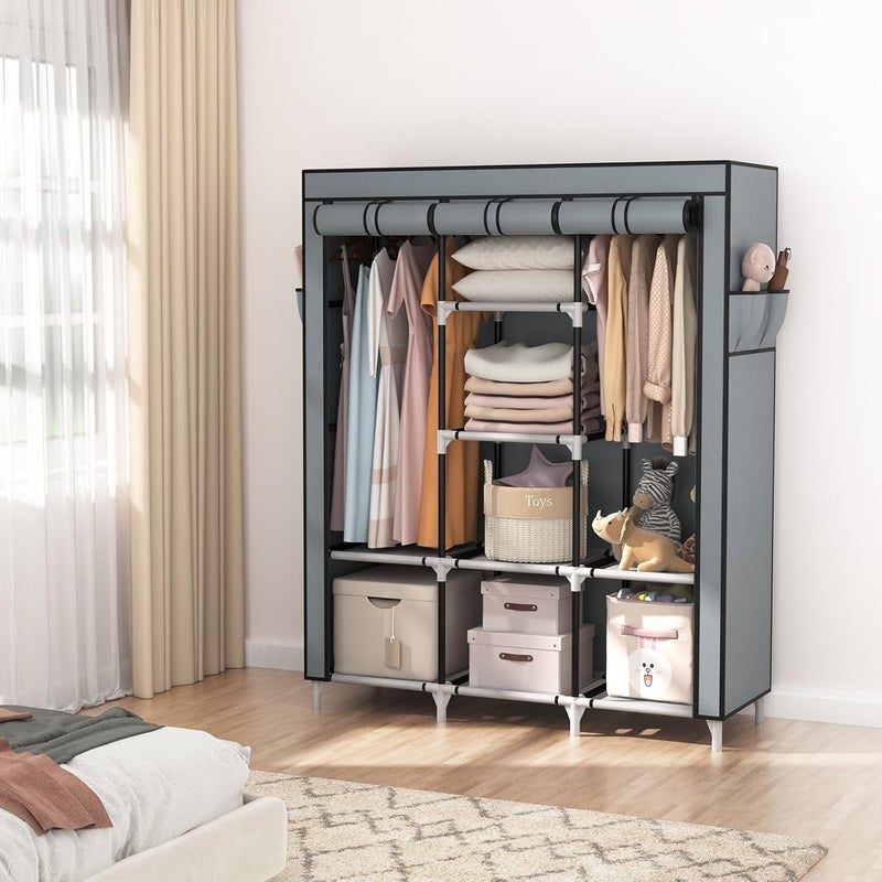 VTIN Portable Closet Wardrobe for Hanging Clothes with 2 Hanging Rods and 8 Storage Organizer Shelves,Sturdy Large Wardrobe Closet for Bedroom Free Standing Clothes Rack with Cover,Grey - Image 2